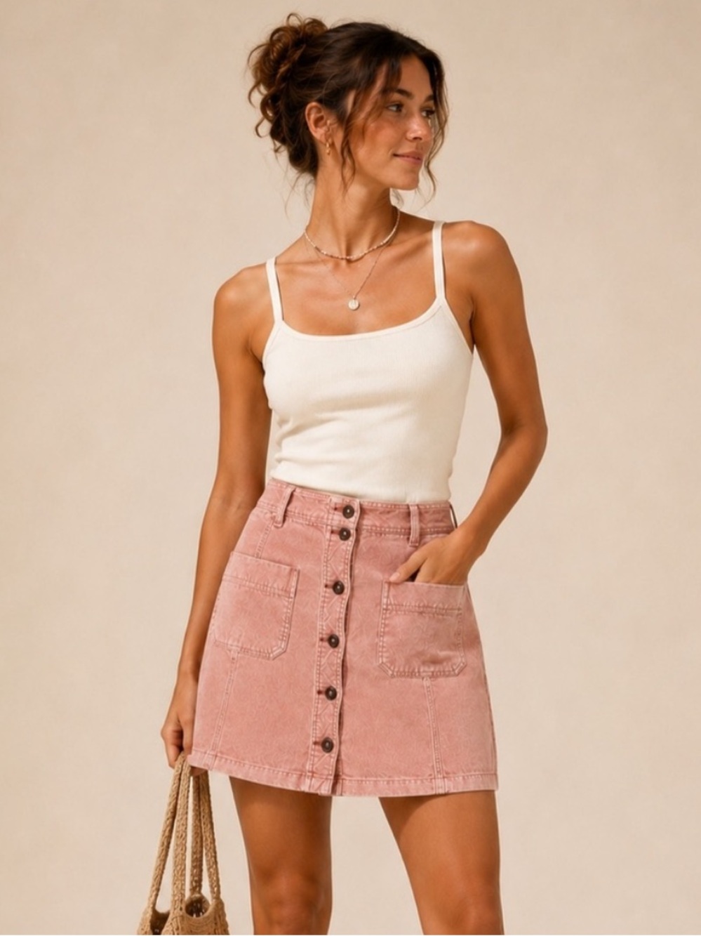 prAna Organic Cotton Dusty Pink Corduroy Mini Skirt | Cottagecore Button Front 8